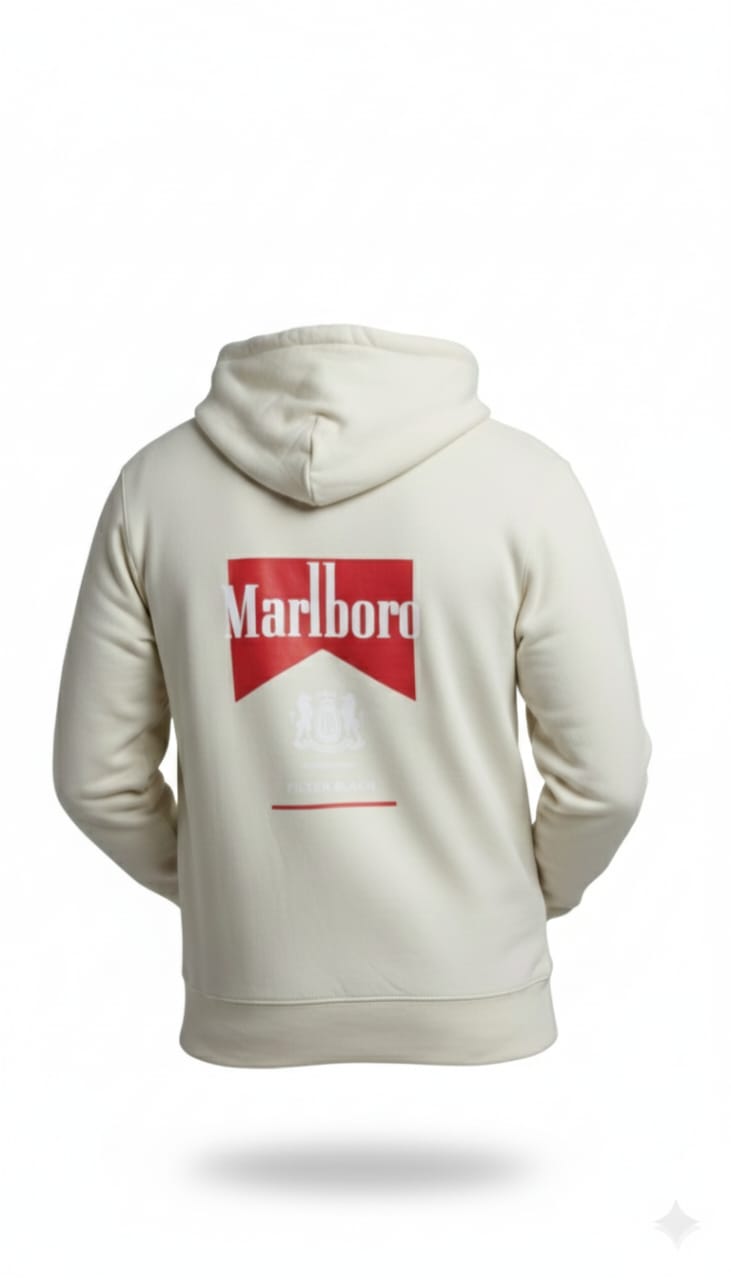 A refined cream-white premium hoodie with a bold red back print